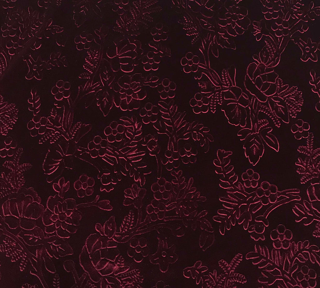 Maroon Flower Branches - Embossed Stretch Poly Velvet Fabric