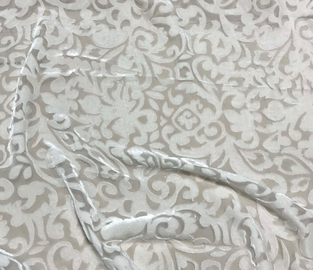White Baroque Scroll - Burnout Silk Velvet Fabric