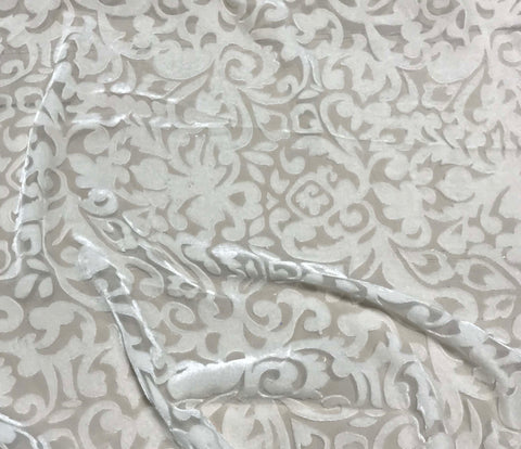 White Baroque Scroll - Burnout Silk Velvet Fabric