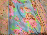 Peach Blue Pink Floral Stripe - Polyester Gauze Voile Fabric