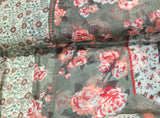 Peach & Taupe Floral Stripe - Polyester Gauze Voile Fabric