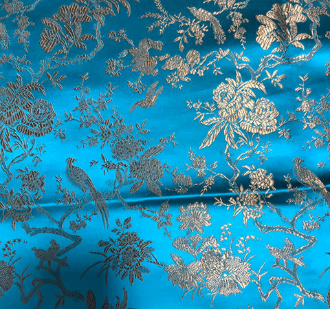 Turquoise & Gold Birds Floral - Faux Silk Brocade Fabric