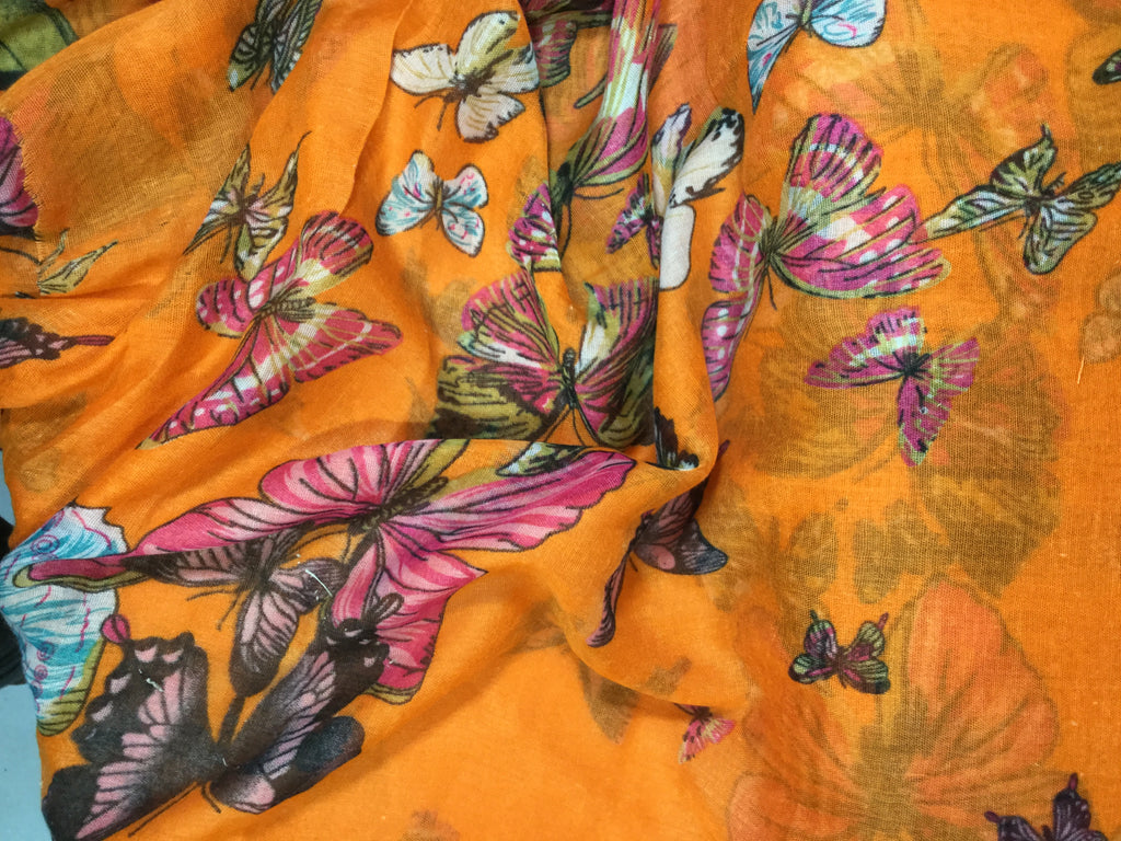 Orange with Butterflies - Polyester Gauze Voile