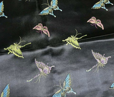 Black with Butterflies - Faux Silk Brocade Fabric
