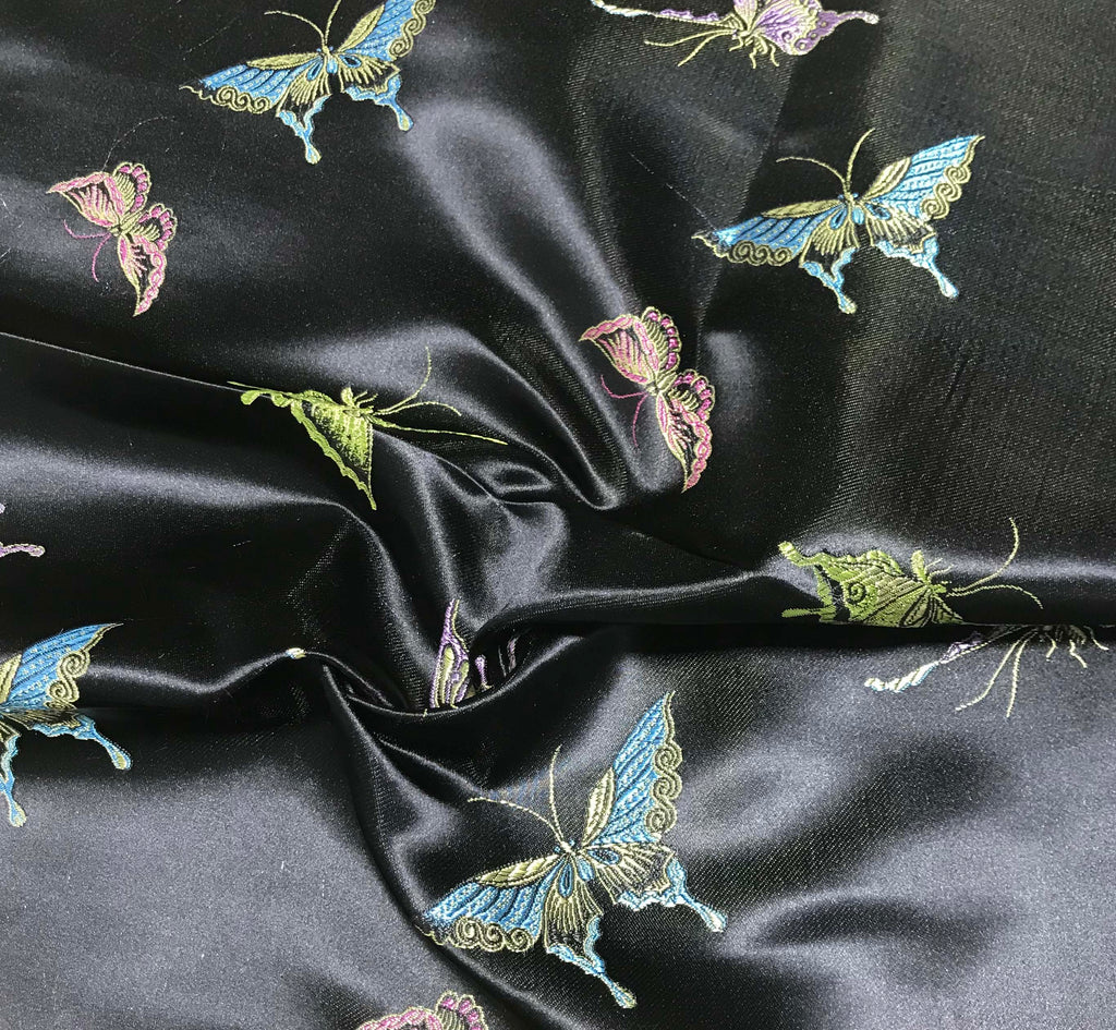 Black with Butterflies - Faux Silk Brocade Fabric 19"x23" Remnant