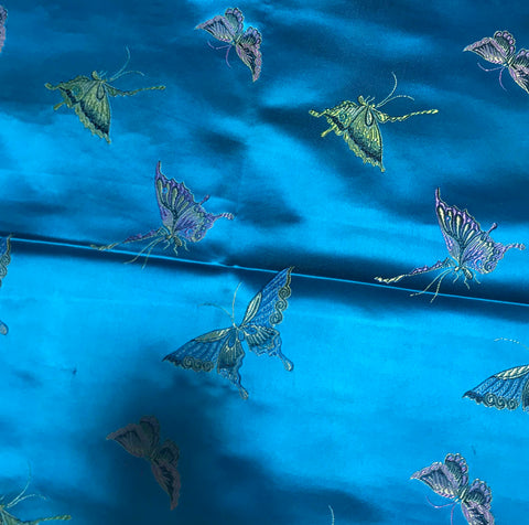 Turquoise with Butterflies - Faux Silk Brocade Fabric