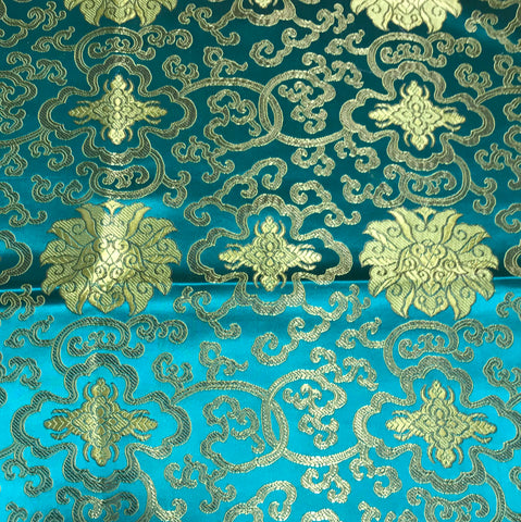 Emerald & Gold Medallions - Faux Silk Brocade Fabric 19”x23” Remnant