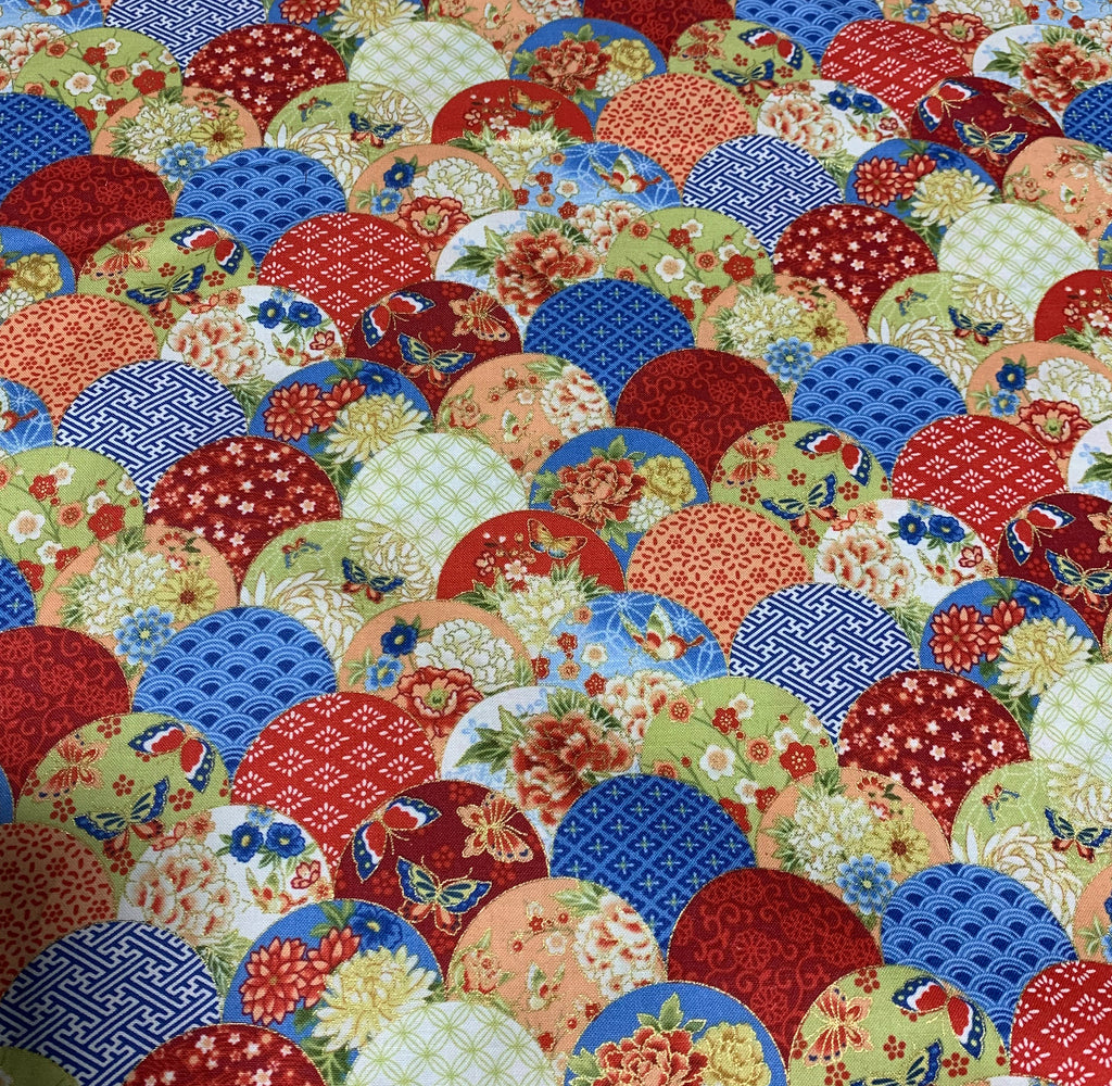 Red & Blue Japanese Fans - Kyoto Garden - Northcott Cotton Fabric