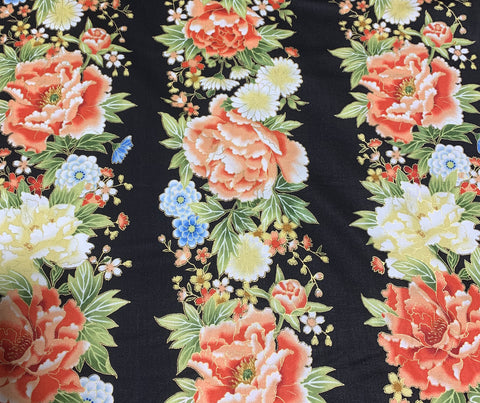 Black Floral Stripe Pattern Japan - Kyoto Garden - Northcott Cotton Fabric