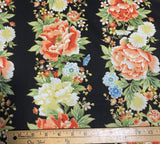 Black Floral Stripe Pattern Japan - Kyoto Garden - Northcott Cotton Fabric