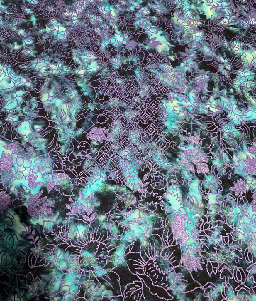 Blue & Metallic Purple Floral - Baralla - Banyan Batiks Cotton Fabric