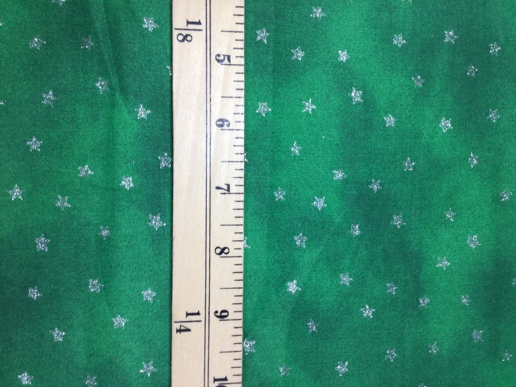 Green with Metallic Silver Stars - Blank Textiles - Cotton Fabric