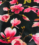 Black & Fuchsia Magnolia Floral - Stretch Polyester Taffeta Fabric