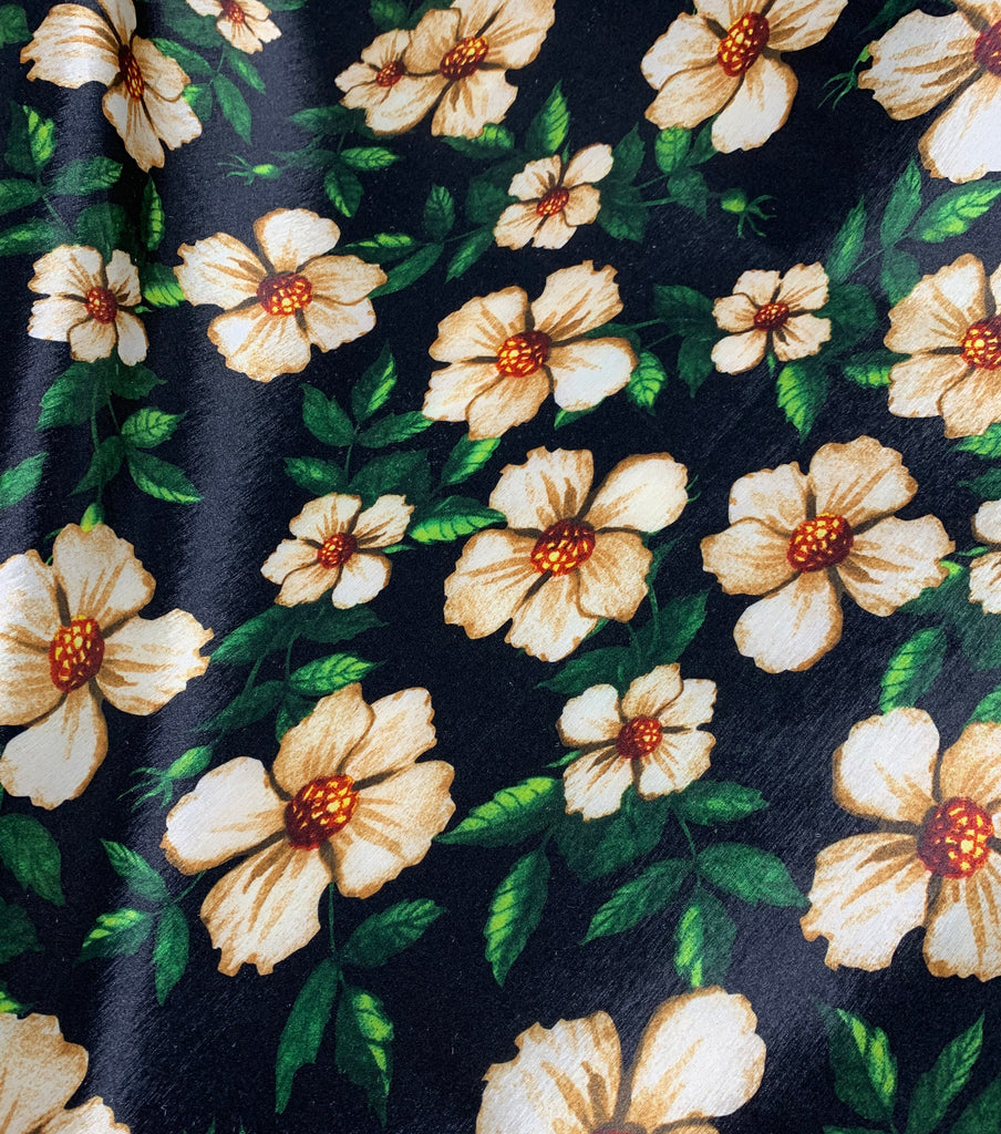 Black & Ivory Floral - Stretch Polyester Taffeta Fabric