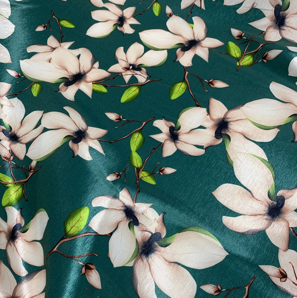 Teal Green Magnolia Floral - Stretch Polyester Taffeta Fabric