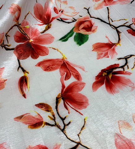 White & Coral Magnolia Floral - Stretch Polyester Taffeta Fabric