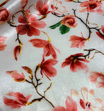 White & Coral Magnolia Floral - Stretch Polyester Taffeta Fabric