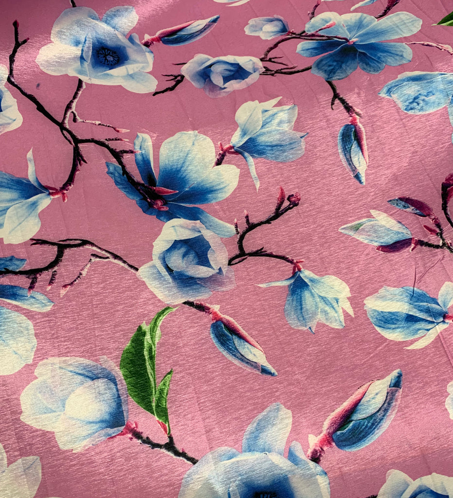 Pink & Blue Magnolia Floral - Stretch Polyester Taffeta Fabric