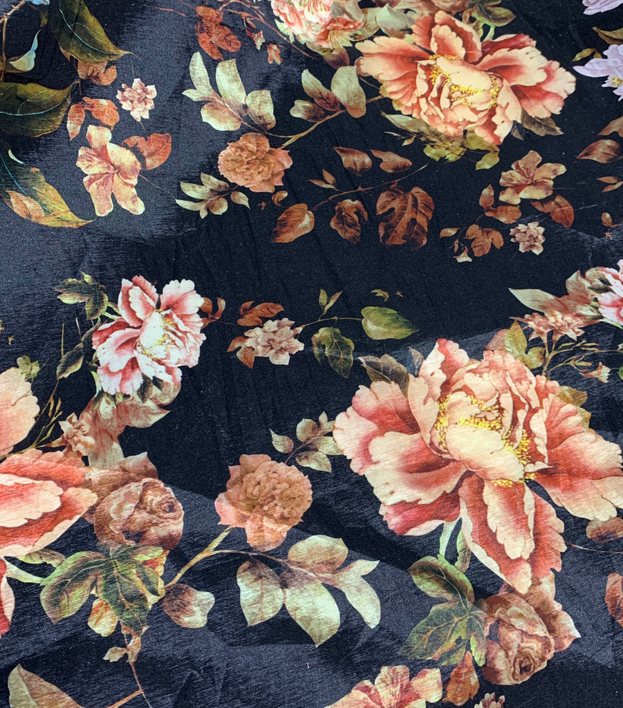 Black & Peach Peony Floral - Stretch Polyester Taffeta Fabric