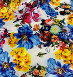 White, Blue, Yellow & Pink Multi Floral - Stretch Polyester Taffeta Fabric