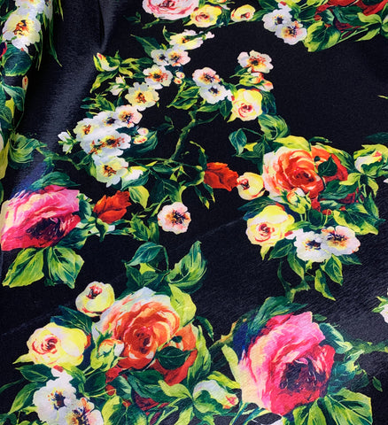Black with Roses Floral - Stretch Polyester Taffeta Fabric