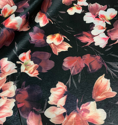 Black & Pink Magnolia Floral - Stretch Polyester Taffeta Fabric