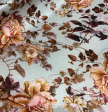 Gray & Peach Peony Floral - Stretch Polyester Taffeta Fabric