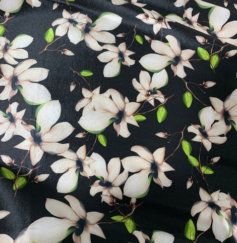 Black & White Magnolia Floral - Stretch Polyester Taffeta Fabric