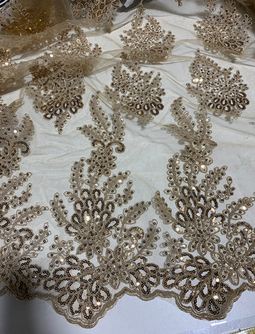 Antique Gold Sequin Floral Embroidered Tulle Fabric