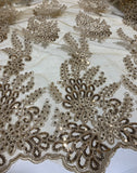 Antique Gold Sequin Floral Embroidered Tulle Fabric