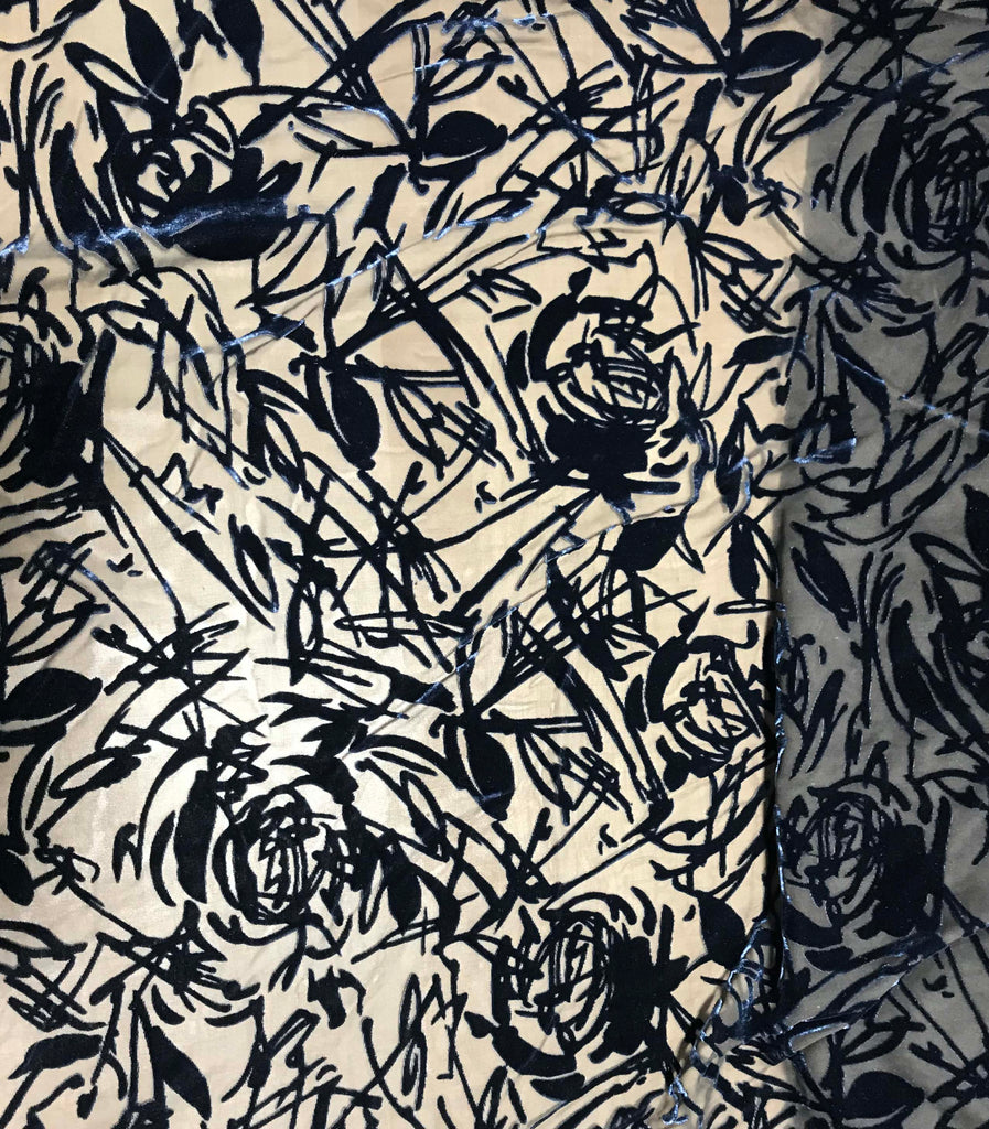 Blue & Gray Roses - Burnout Silk Velvet Fabric