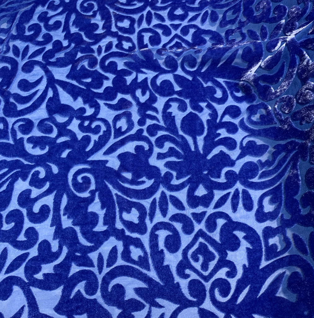 Royal Blue Scroll - Hand Dyed Burnout Silk Velvet
