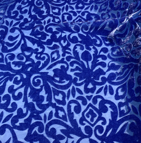 Royal Blue Scroll - Hand Dyed Burnout Silk Velvet