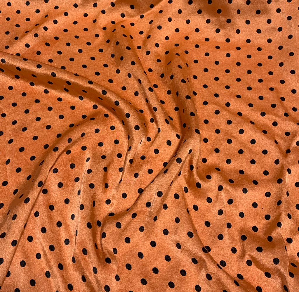 Persimmon Orange & Black Polka Dots - Hand Dyed Silk Charmeuse Fabric