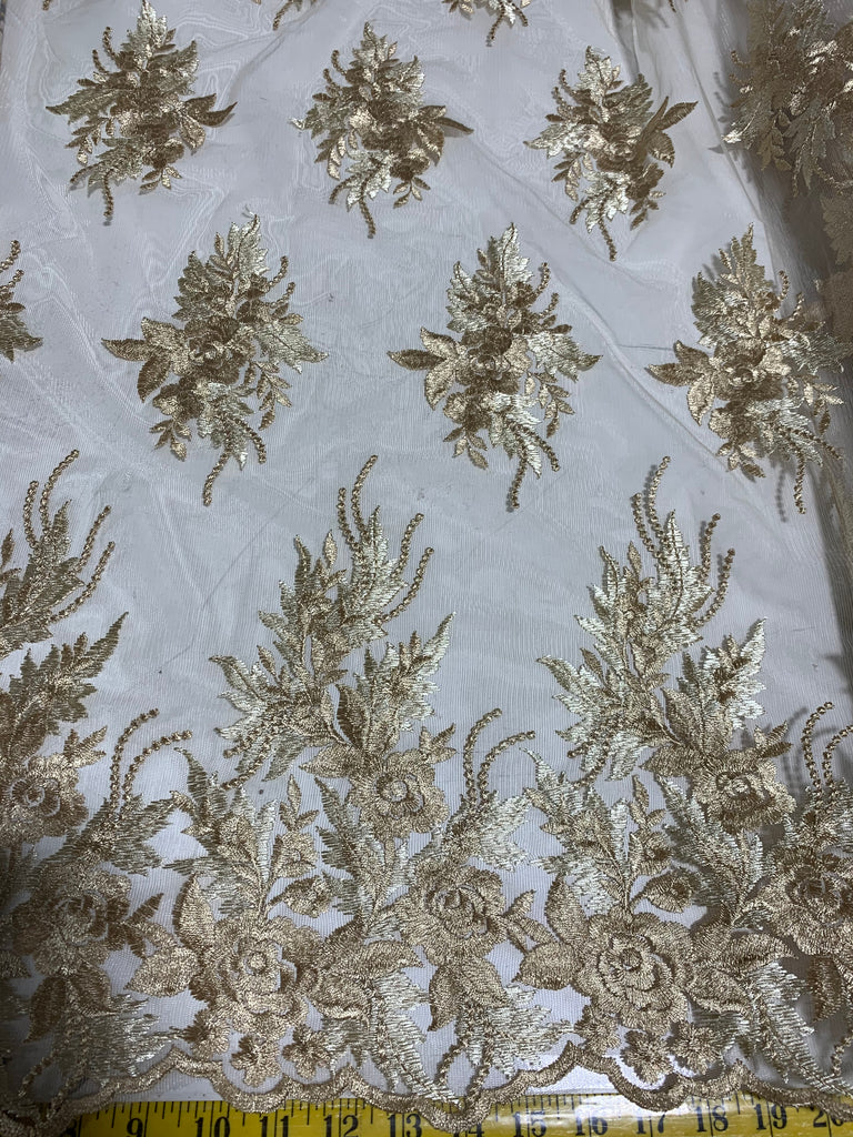 Gold Roses Floral Embroidered Tulle Lace Fabric
