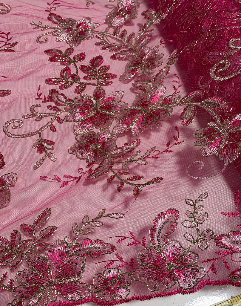 Neon Coral Pink Floral Lace, Fabric By the Yard