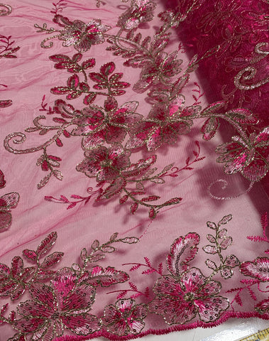 Fuchsia Pink Floral Embroidered Tulle Lace Fabric