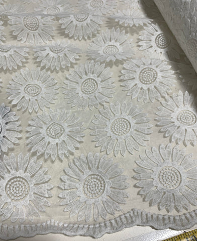 White Sunflowers Floral Embroidered Organza Fabric