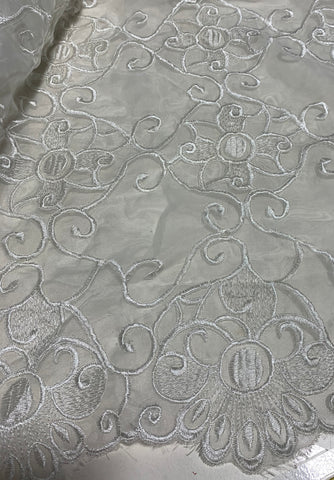 White Scroll Floral Embroidered Organza Fabric