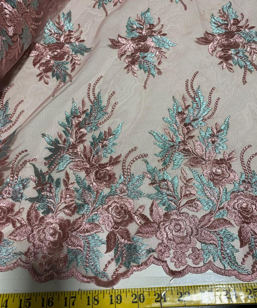 Dusty Rose Pink & Sage Green Roses Floral Embroidered Tulle Lace Fabric