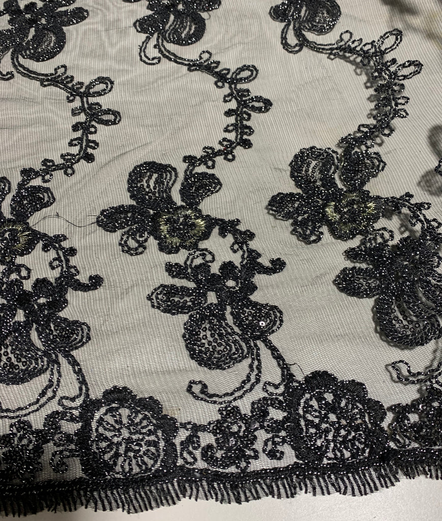 Black Floral Flourish Embroidered Tulle Lace Fabric