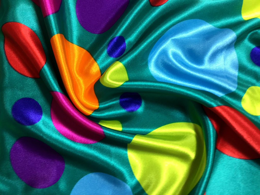 Bright Multi Colored Polka Dots - Faux Silk Charmeuse Satin Fabric