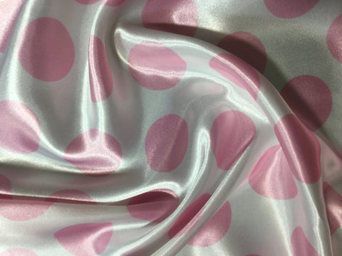 Pink on White Polka Dots - Faux Silk Charmeuse Satin Fabric