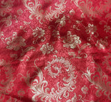 Red & Gold Feather Floral - Faux Silk Brocade Fabric