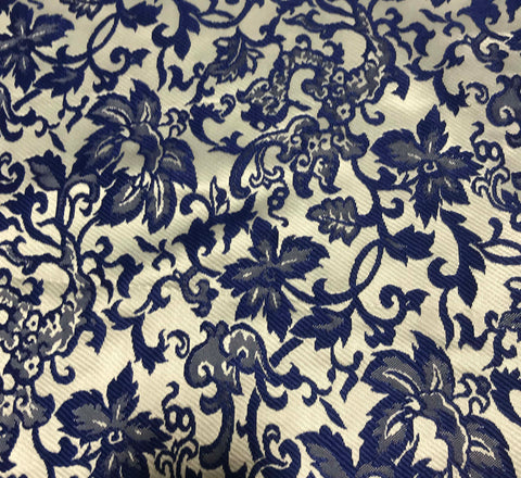 Blue & White Floral - Silk Brocade Fabric