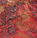Red with Peacock Feathers - Silk Brocade Fabric