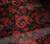Red & Black Feather Floral - Faux Silk Brocade Fabric