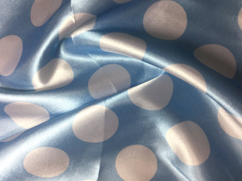White on Light Blue Polka Dots - Faux Silk Charmeuse Satin Fabric