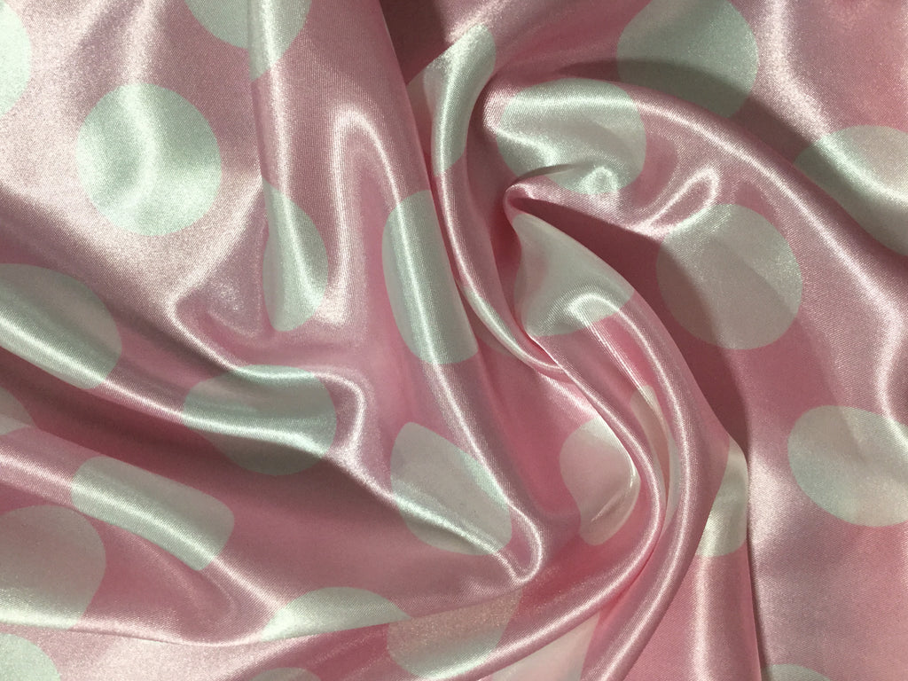 White on Pink Polka Dots - Faux Silk Charmeuse Satin Fabric