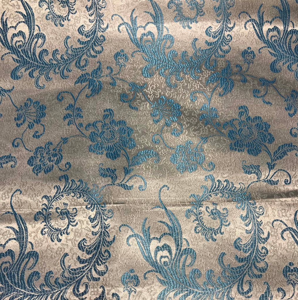 Blue & White Feather Floral - Faux Silk Brocade Fabric